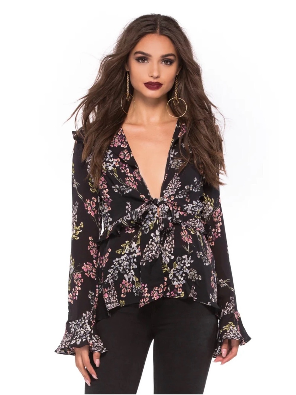 Floral Tie-Front V-Neck Blouse - Black/Pink
